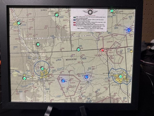 Hotshot Maps LED METAR map of the Kansas City and Missouri region with airports lit in flight-category colors